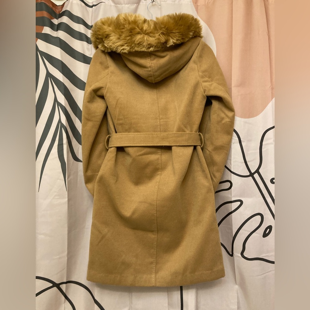 H&M Tan Belted Coat with Faux Fur Hood - Picture 2 of 7